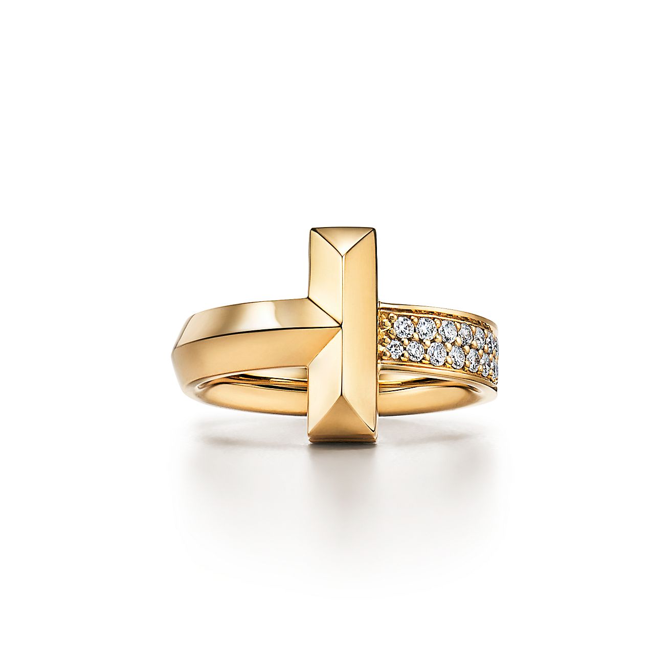 Bague T1 Tiffany T en or jaune 18 carats et diamants Largeur: 4
