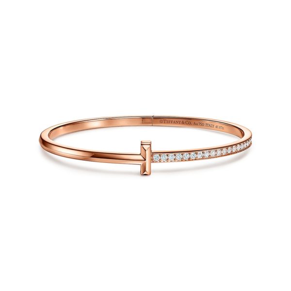 Bracelet jonc à charnière T1 Tiffany T en or rose 18 carats et diamants Étroit - Size Large Tiffany & Co.