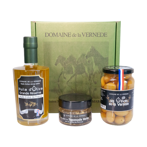 La Vernède Huile d’olives – Coffret Trio 1 Bouteille d’huile 350ml – 1 Pot Olives Nature 200gr – 1 Spécialité de Tapenade Amandes 100gr