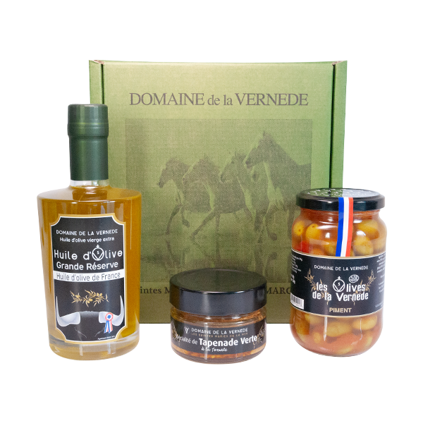 La Vernède - Coffret Trio 1 Bouteille d'huile 350ml - 1 Pot Olives Piment 200gr - 1 Spécialité de Tapenade Tomate 100gr