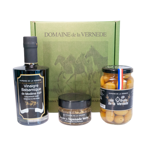 La Vernède Huile d’olives – Coffret Trio 1 Vinaigre Balsamique – 1 Olive Nature – 1 Tapenade Amandes