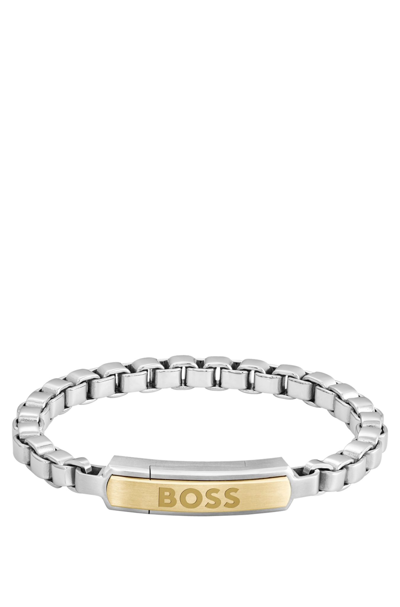 Hugo Boss Bracelet chaîne à maillons cubes avec plaquette logotée dorée