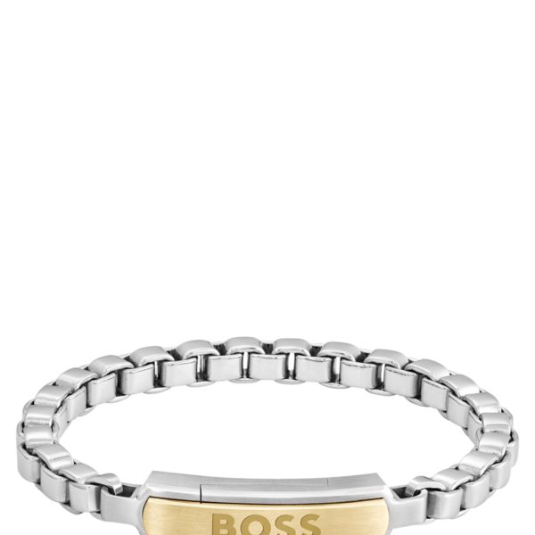 Bracelet chaîne argenté à maillons cubes et plaquette logotée dorée – Hugo Boss