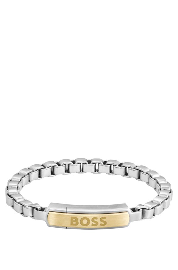Hugo Boss Bracelet chaîne argenté à maillons cubes et plaquette logotée dorée