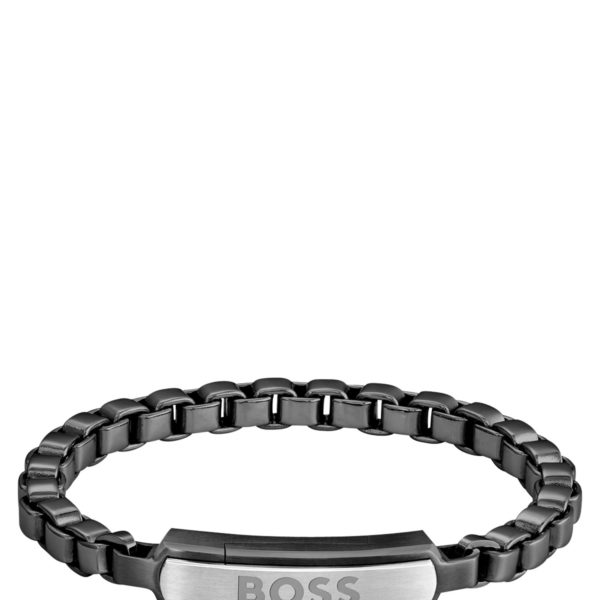 Bracelet en acier noir avec chaîne à maillons cubes et fermoir logoté – Hugo Boss