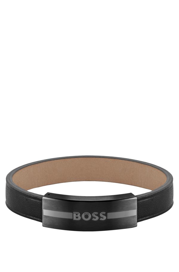Hugo Boss Bracelet en cuir avec plaquette en métal à logo émaillé