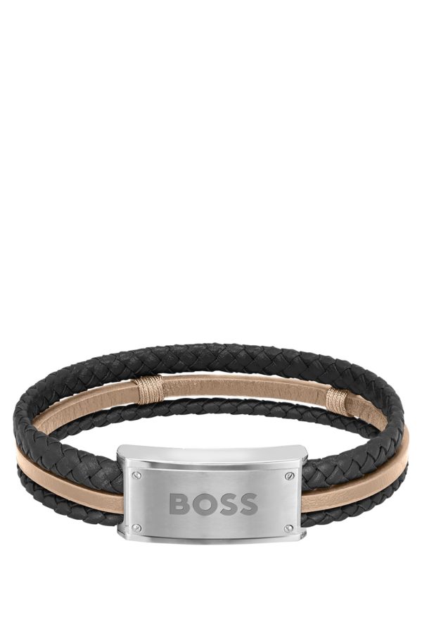 Hugo Boss Bracelet en cuir noir et camel avec plaquette logo