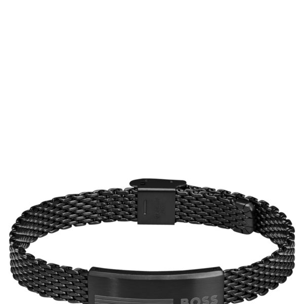 Bracelet en maille milanaise d’acier noir avec plaquette logotée – Hugo Boss
