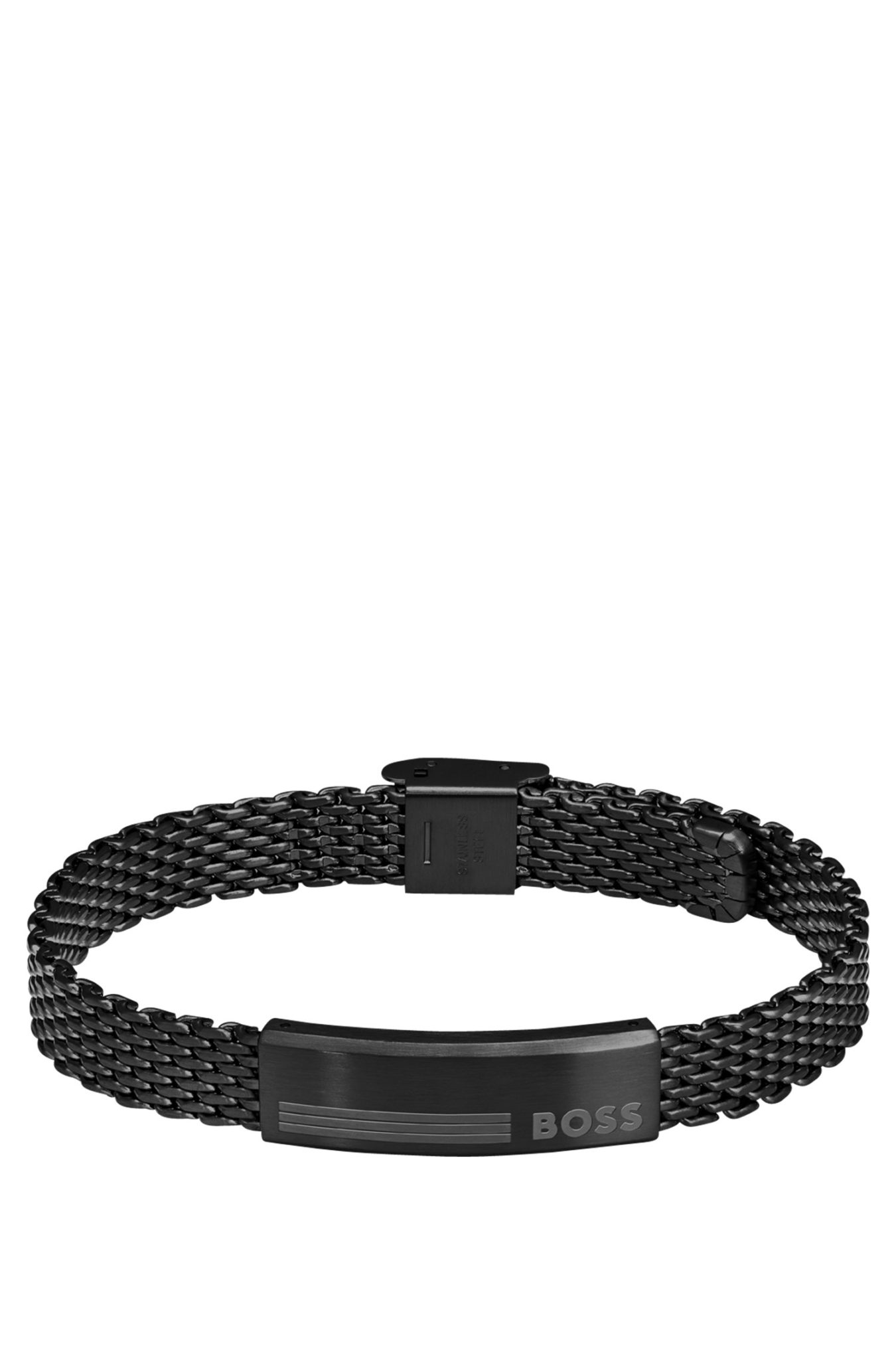 Hugo Boss Bracelet en maille milanaise d’acier noir avec plaquette logotée