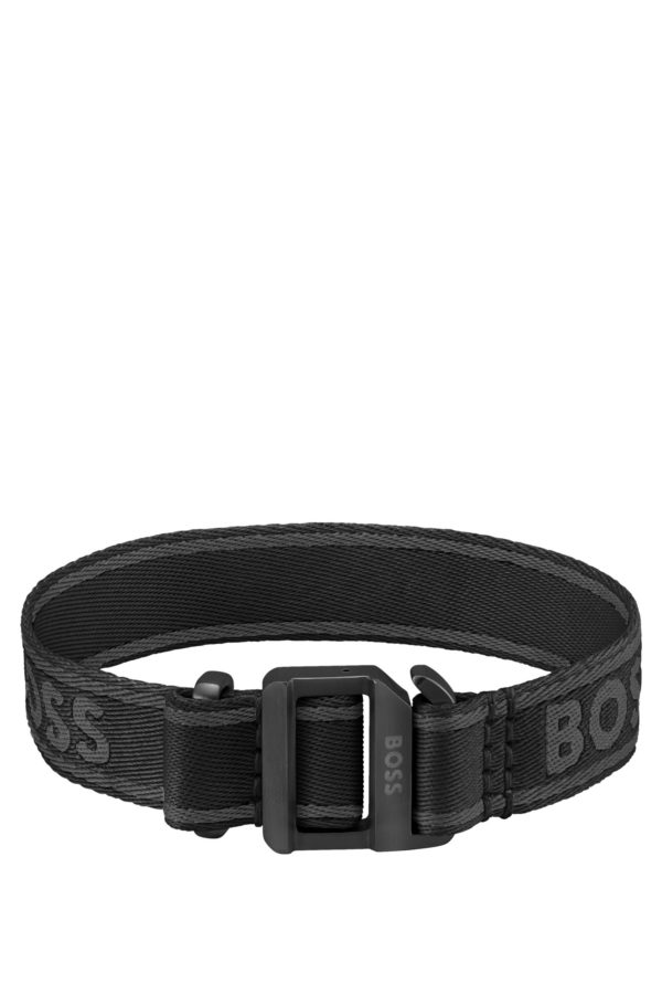 Hugo Boss Bracelet tissé logoté noir avec boucle ajustable