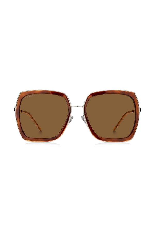 Hugo Boss Lunettes de soleil angulaires à monture Havana et garnitures en métal emblématiques