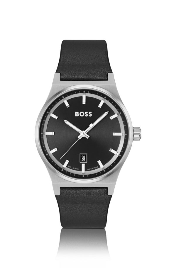 Hugo Boss Montre à bracelet en cuir et cadran noir