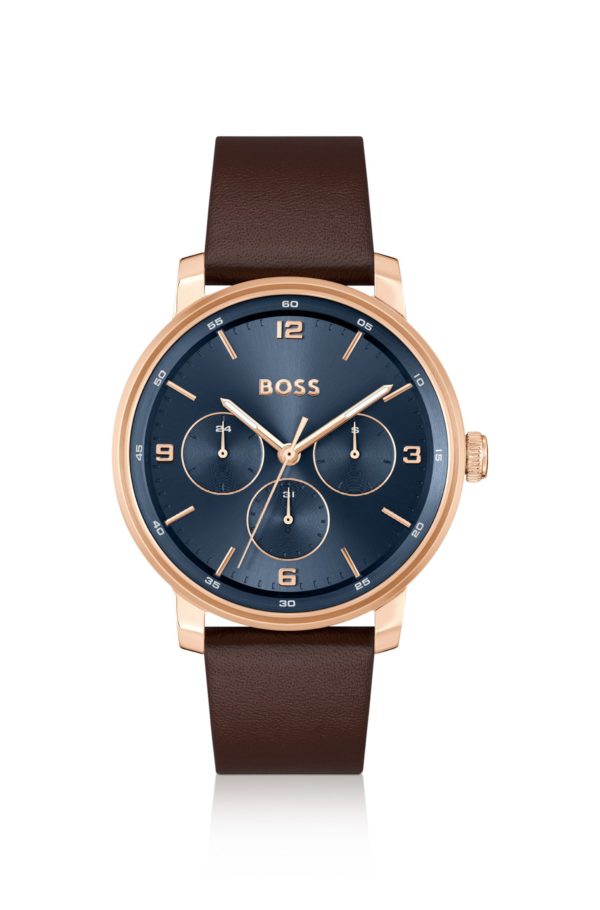 Hugo Boss Montre à cadran bleu et bracelet en cuir marron
