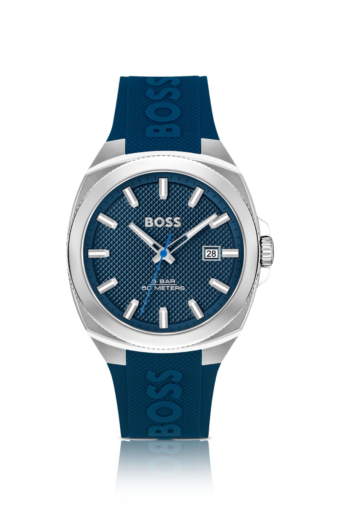 Hugo Boss Montre à cadran guilloché bleu et bracelet logoté en silicone
