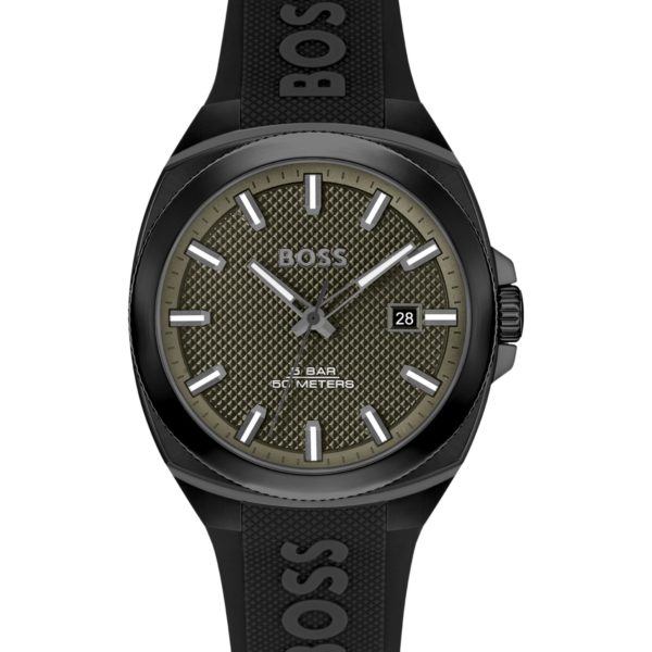Hugo Boss Montre à cadran guilloché couleur olive et bracelet logoté en silicone