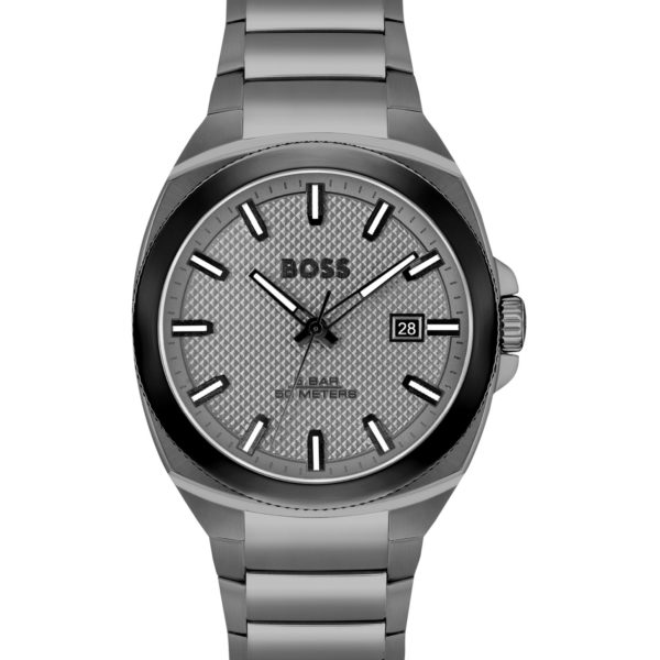 Hugo Boss Montre à cadran guilloché ton sur ton et bracelet à maillons gris