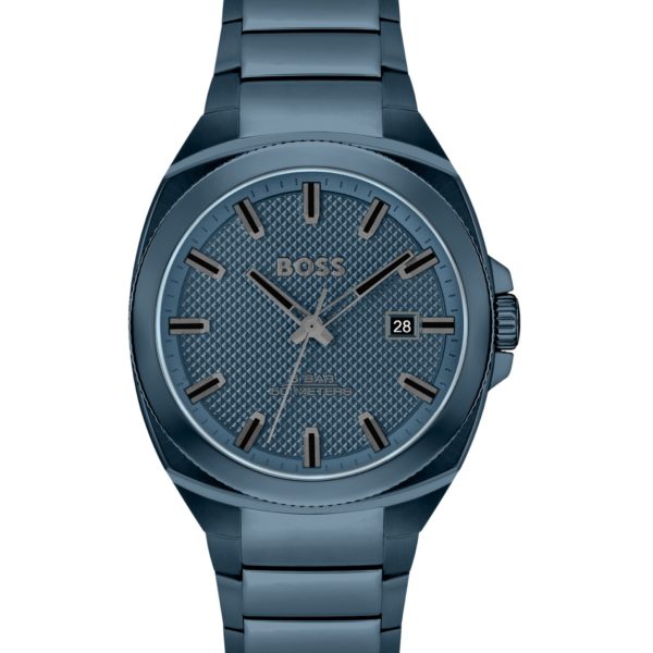 Hugo Boss Montre bleue à cadran guilloché ton sur ton et bracelet à maillons