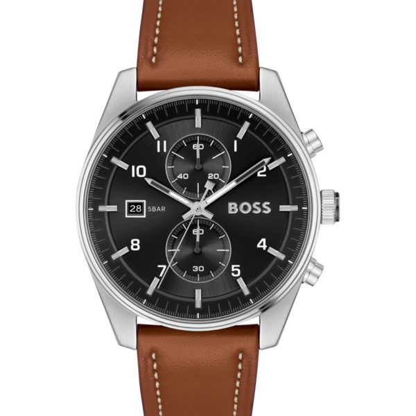 Montre chronographe à cadran noir et bracelet en cuir marron – Hugo Boss
