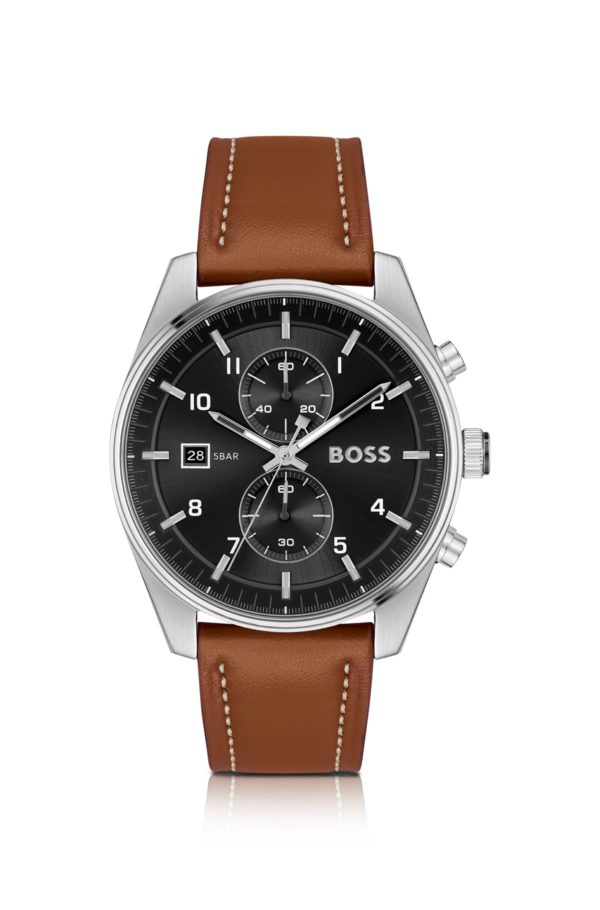Hugo Boss Montre chronographe à cadran noir et bracelet en cuir marron