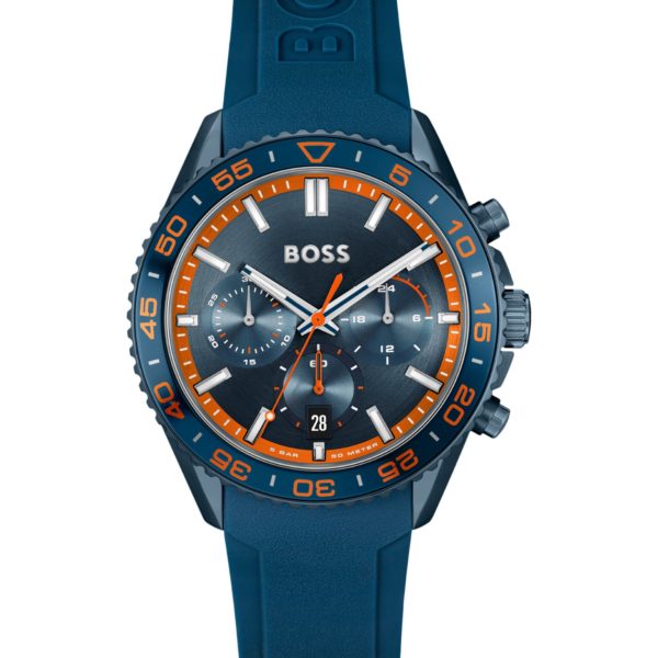 Hugo Boss Montre chronographe à cadran ton sur ton et bracelet en silicone bleu
