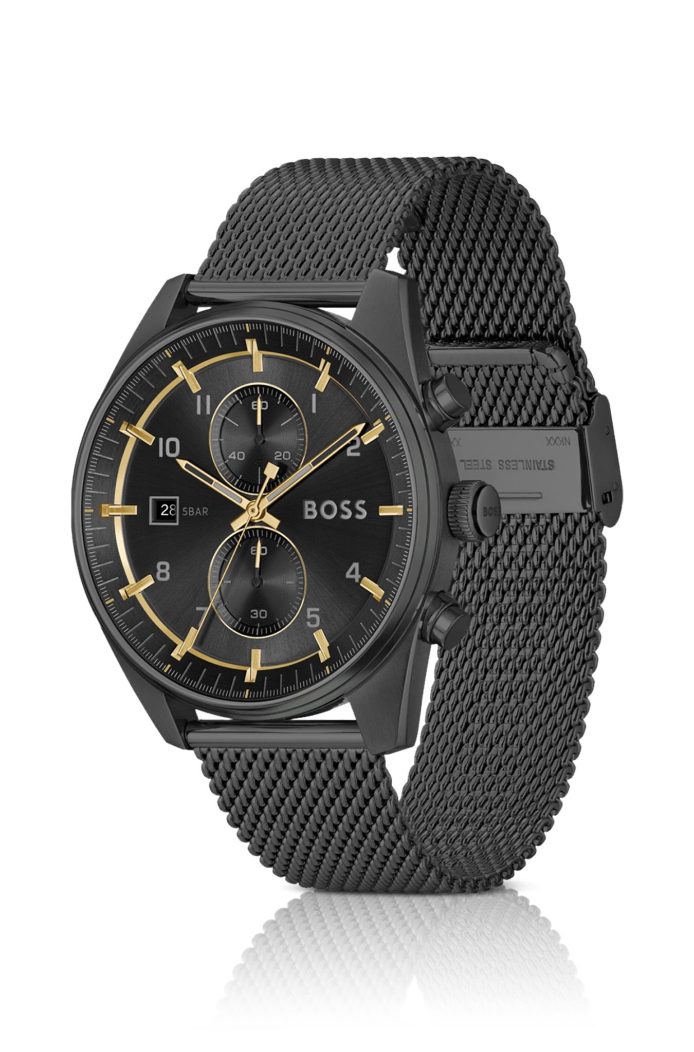 Hugo Boss Montre chronographe avec cadran ton sur ton et bracelet noir en maille milanaise