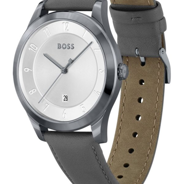 Hugo Boss Montre plaquée grise à bracelet en cuir