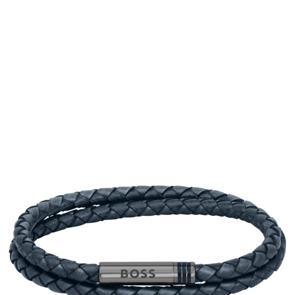 Bracelet double tour en cuir tressé bleu – Hugo Boss