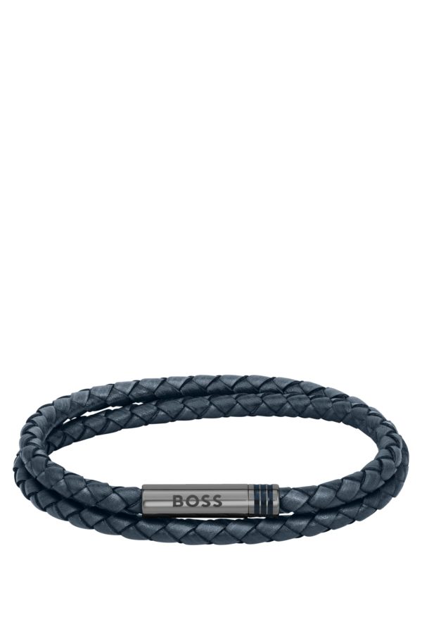 Hugo Boss Bracelet double tour en cuir tressé bleu