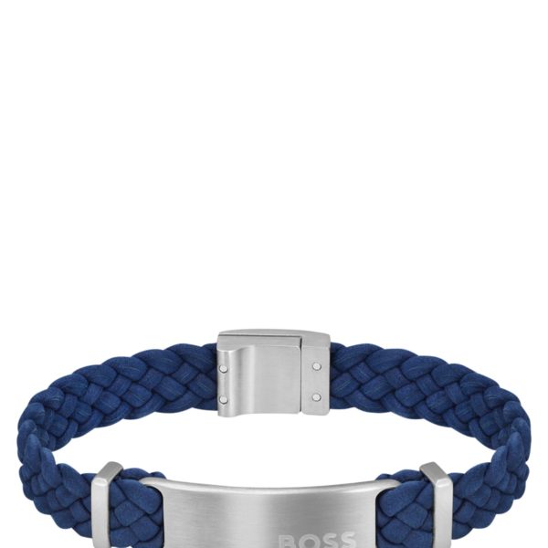 Bracelet tressé en cuir suédé bleu avec plaquette logo – Hugo Boss