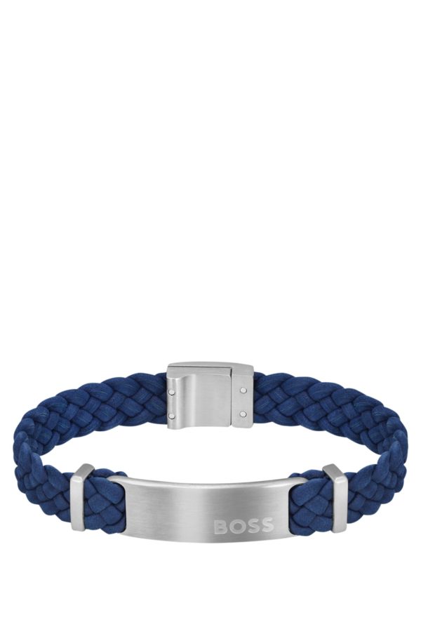 Hugo Boss Bracelet tressé en cuir suédé bleu avec plaquette logo