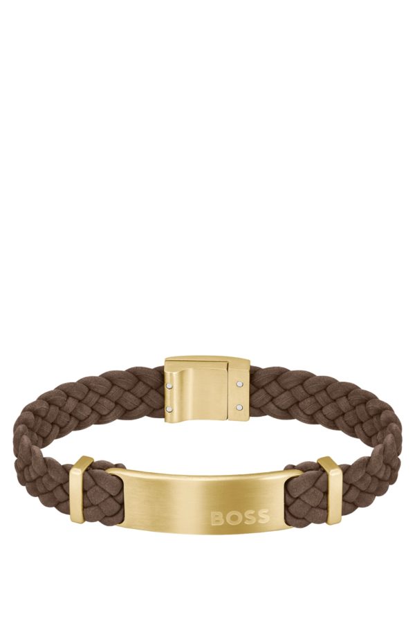 Hugo Boss Bracelet tressé en cuir suédé marron avec plaquette logo