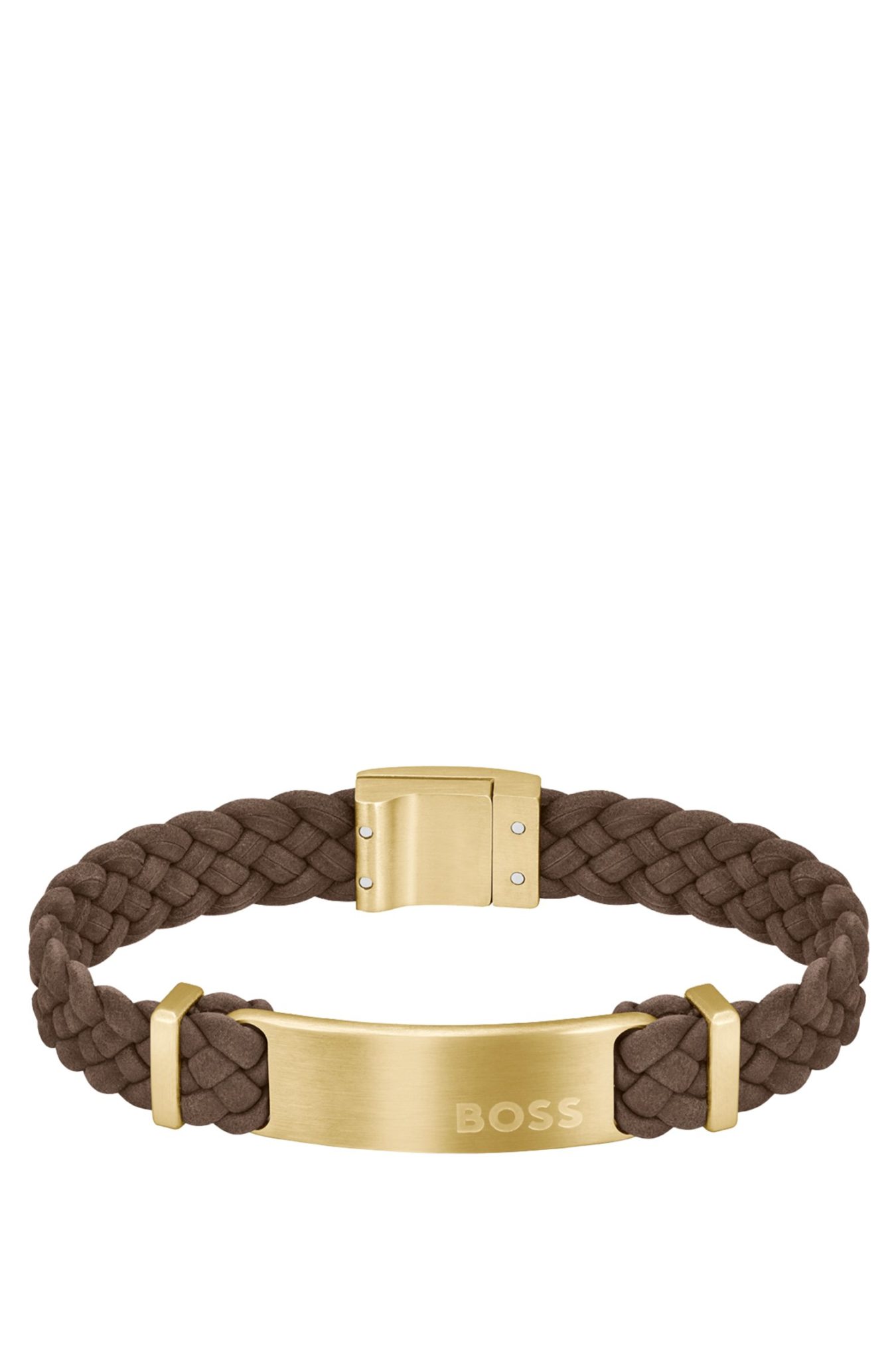 Hugo Boss Bracelet tressé en cuir suédé marron avec plaquette logo