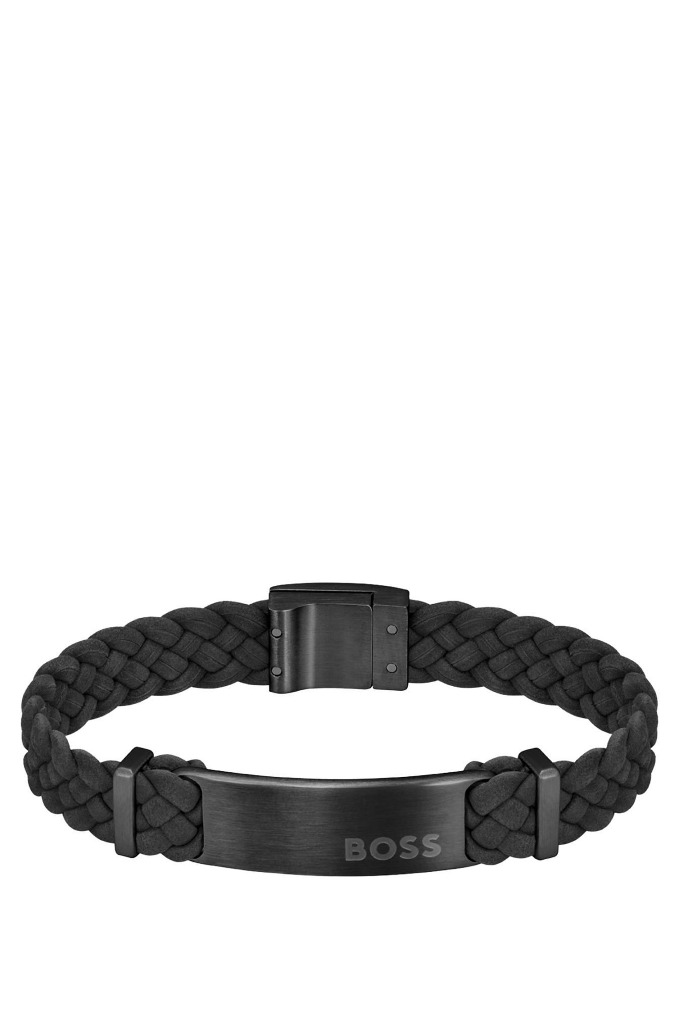 Hugo Boss Bracelet tressé en cuir suédé noir avec plaquette logo