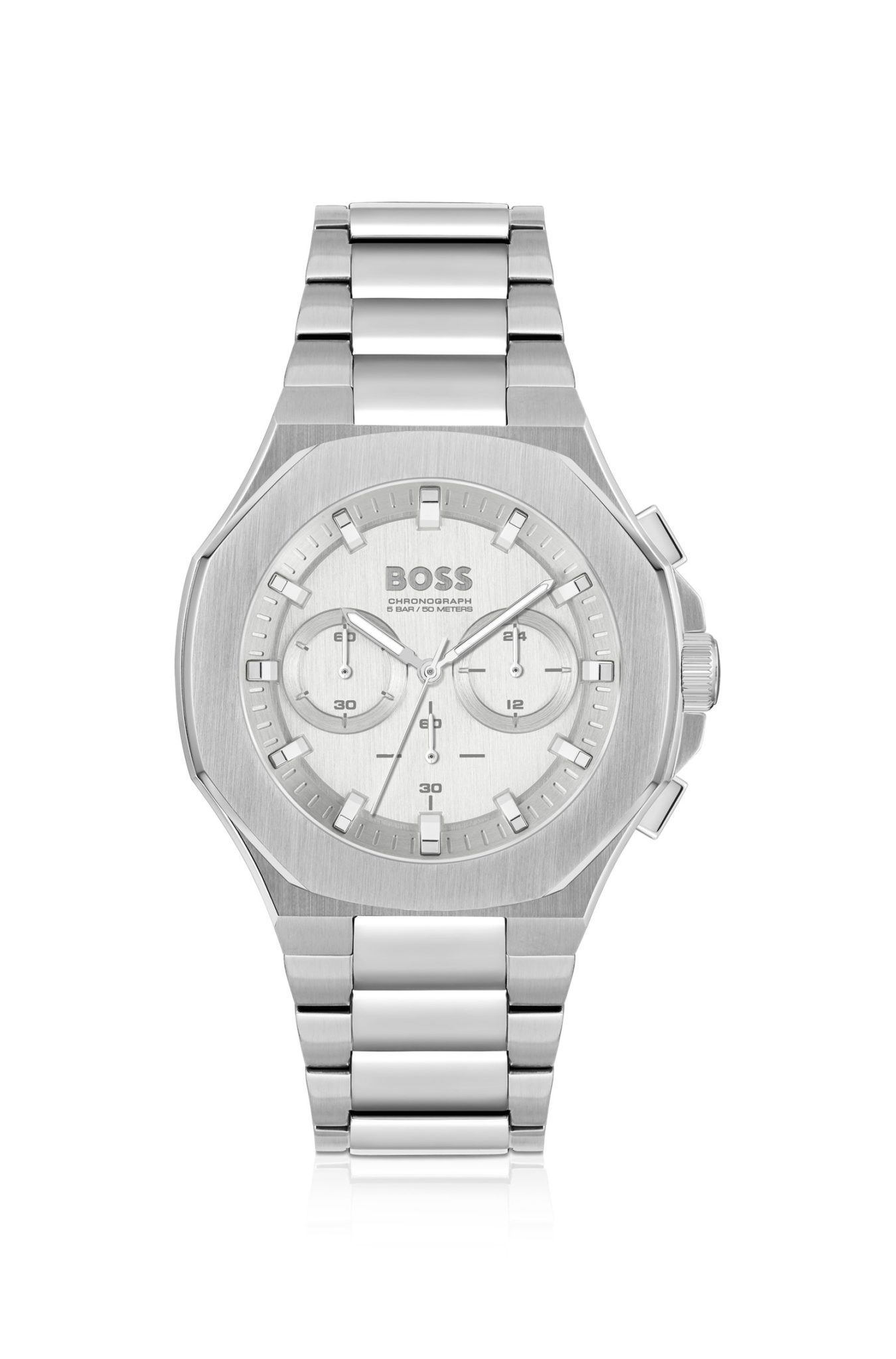 Hugo Boss Montre chronographe en métal à brossage vertical avec bracelet fuselé à maillons