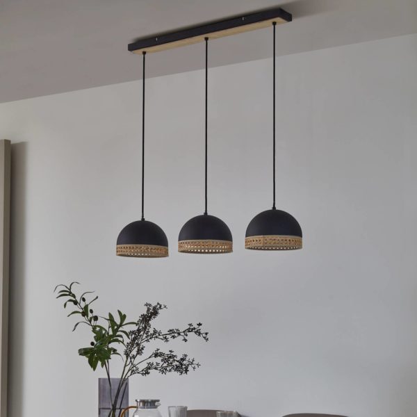 Lindby Lonnaris suspension, rotin, noir, 3 lampes LINDBY