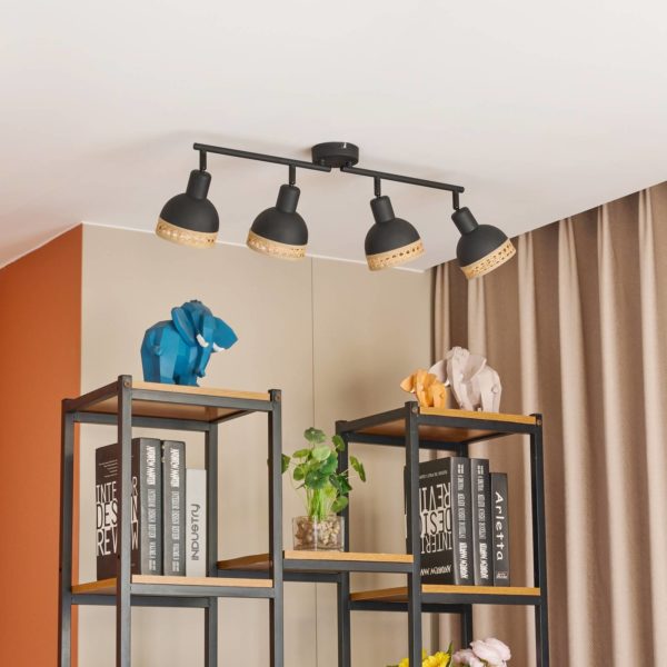 Lindby Lonnaris spot, rotin, noir, 4 lampes LINDBY