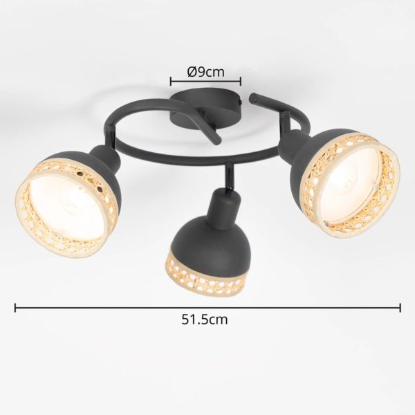 Lindby Lonnaris plafonnier, rotin, rond, 3 lampes LINDBY