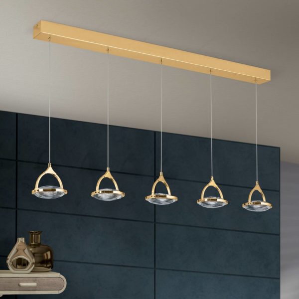 Orion Suspension linéaire LED Moon, à 5 lampes, dorée Orion