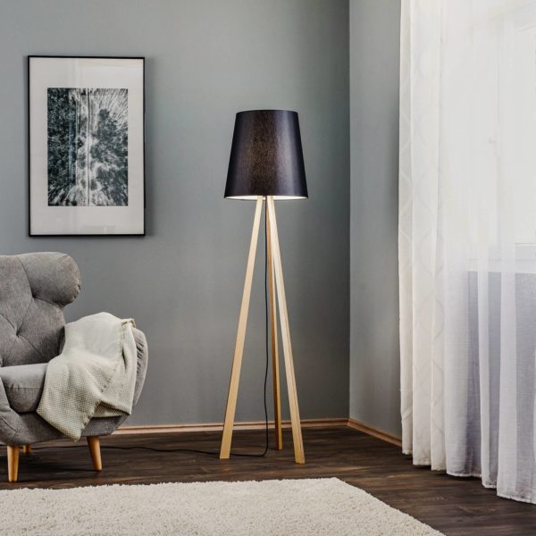 Quitani lampe à pied tripode Jata, bois chintz, noir quitani