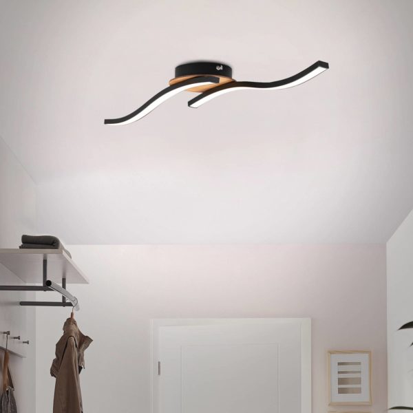Briloner Plafonnier LED Go 2 lampes noir/décor bois ondulé Briloner