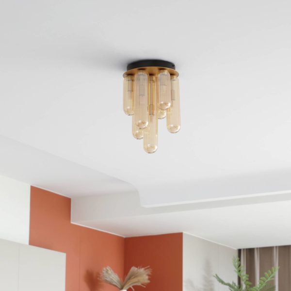 Lucande plafonnier Freylin, ambre, à 7 lampes, verre LUCANDE