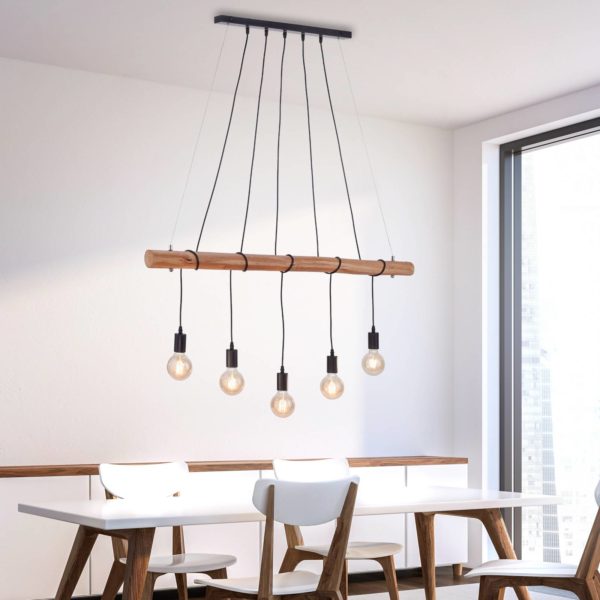 JUST LIGHT. Suspension Damian poutres en bois et 5 douilles JUST LIGHT.