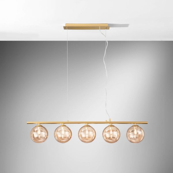 Eco-Light Suspension Neptun, crème, longueur 100 cm, 5 lampes, verre Eco-Light