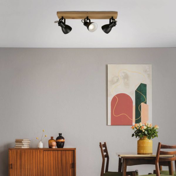 Briloner Spot pour plafond Arbo avec élément bois, 3 lampes Briloner