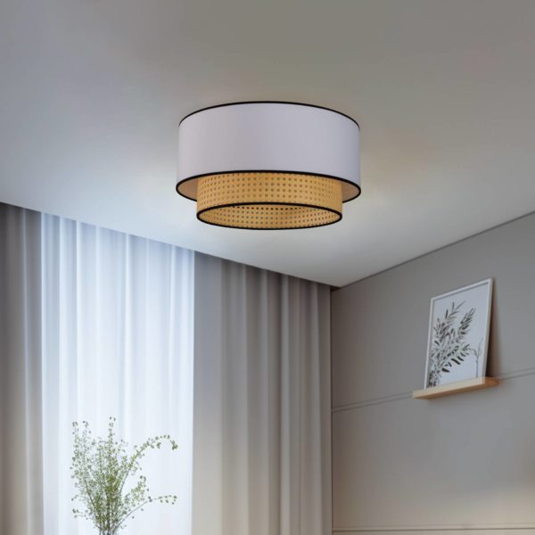 Duolla Plafonnier Boho, rotin, tissu, beige/blanc Duolla