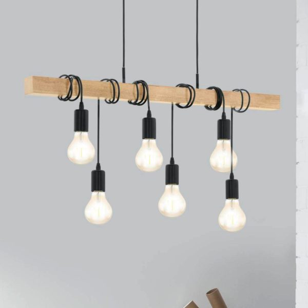 EGLO Suspension Townshend avec du bois 6 lampes EGLO