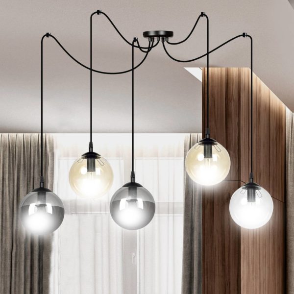 EMIBIG LIGHTING Suspension Glassy à 5 lampes, verre graphite/ambre/clair EMIBIG LIGHTING