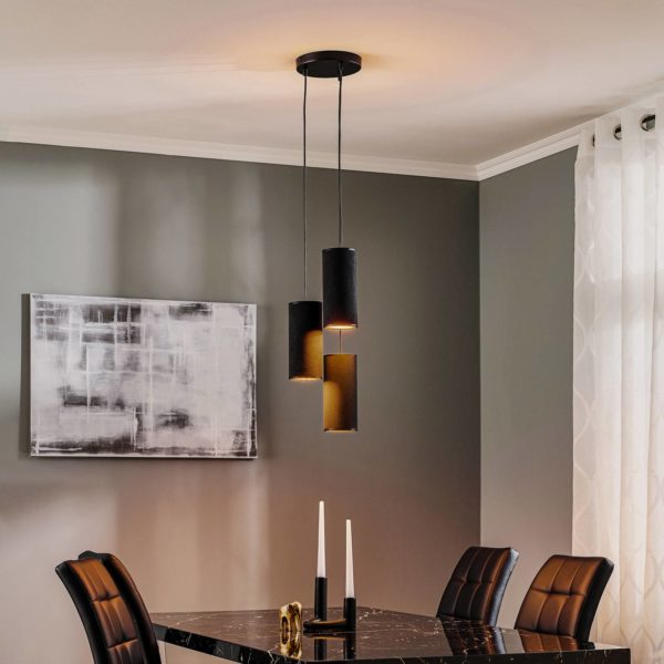 EMIBIG LIGHTING Suspension Joni tissu ronde 3 lampes noir doré EMIBIG LIGHTING