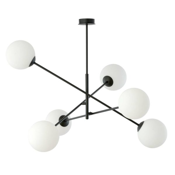 EMIBIG LIGHTING Plafonnier Linear, noir/opale, six lampes EMIBIG LIGHTING