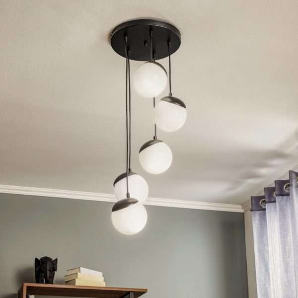 Eko-Light Suspension Sfera 5 lampes verre, métal noir Eko-Light